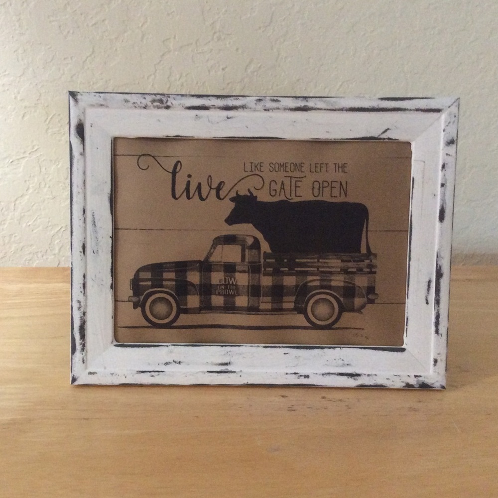 Farmhouse Cow and truck picture 5x7 w/frame